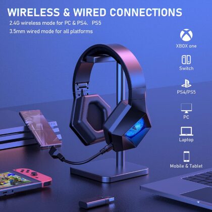 EasySMX IcyEyes L1 Wireless Gaming Headset for PC, PS4, PS5, Mac, Noise Canceling Wireless Headphone with Detachable Mic, Soft Memory Earmuffs, 17 Hours Battery, Surround Sound PS4 Wireless Headphones
