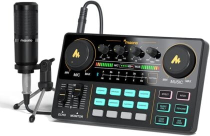 Audio Interface with DJ Mixer and Sound Card, Maonocaster Lite Portable ALL-IN-ONE Podcast Production Studio with 3.5mm Microphone for Guitar, Live Streaming, PC, Recording and Gaming(AU-AM200-S1)