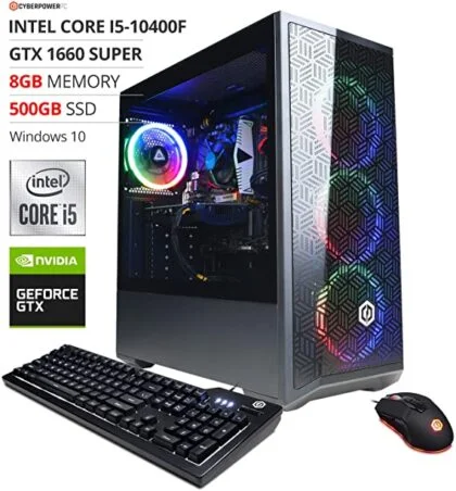 CyberpowerPC Gamer Xtreme VR Gaming PC, Intel i5-10400F 2.9GHz, GeForce GTX 1660 Super 6GB, 8GB DDR4, 500GB NVMe SSD, Wi-Fi Ready & Windows 10 Home (GXiVR8060A10)