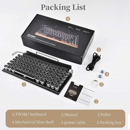 Retro Typewriter Keyboard, 7KEYS Electric Typewriter Vintage with Upgraded Mechanical Bluetooth 5.0, Multi Devices Connection Classical Wooden, Punk Round Keys for Desktop PC/Laptop Mac/Phone
